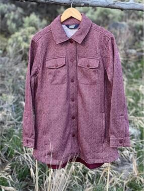 Lands' End Fleece Lined Snap Button Down Red Jacquard Shirt Jacket (L)
